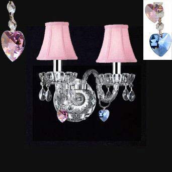 Swarovski Crystal Trimmed Wall Sconce! Murano Venetian Style Crystal Wall Sconce Lighting Blue and Pink Hearts with Pink Shades! - Perfect for Boys and Girls Bedroom w/Chrome Sleeves! - A46-B43/B85/B21/PINKSHADES/2/386SW