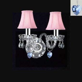 Swarovski Crystal Trimmed Wall Sconce! Murano Venetian Style Crystal Wall Sconce Lighting with Blue Hearts & Pink Shades! - Perfect for Boys and Girls Bedroom w/Chrome Sleeves! - A46-B43/B85/PINKSHADES/2/386SW