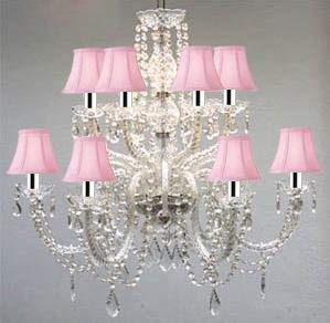 Swarovski Crystal Trimmed Chandelier! Murano Venetian Style All-Crystal Chandelier with Pink Shades w/Chrome Sleeves! - F46-B43/SC/385/6+6/Pink SW