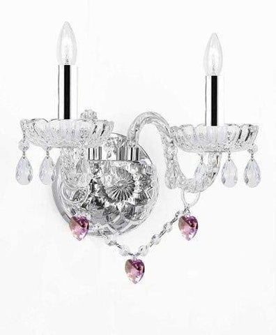 Swarovski Crystal Trimmed Wall Sconce! Wall Sconce Lighting with Crystal Pink Hearts - Perfect for Kids and Girls Bedrooms w/Chrome Sleeves! - G46-B43/B21/2/386 SW