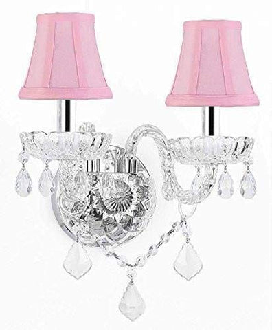 Swarovski Crystal Trimmed Chandelier! Murano Venetian Style Crystal Wall Sconce Lighting with Pink Shades w/Chrome Sleeves! - G46-B43/PINKSHADES/B12/2/386 SW