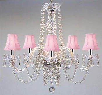 Swarovski Crystal Trimmed Chandelier! Authentic All Crystal Chandelier And Pink Shades w/Chrome Sleeves! H25" W24" - A46-B43/PINKSHADES/384/5SW