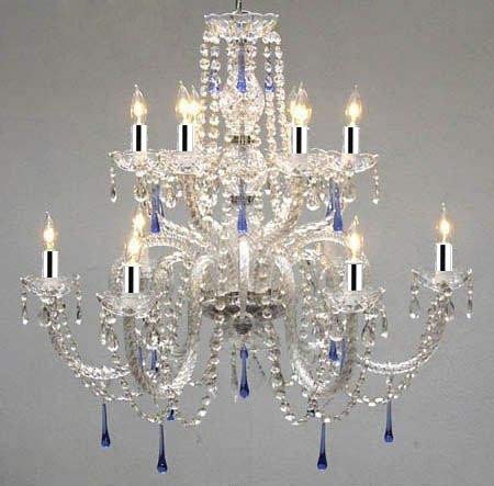 Swarovski Crystal Trimmed Chandelier! Authentic All Crystal Chandelier Chandeliers With Blue Crystals w/Chrome Sleeves! - A46-B43/387/6+6/BLUE SW