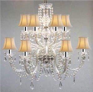Swarovski Crystal Trimmed Chandelier! Murano Venetian Style All-Crystal Chandelier with White Shades w/Chrome Sleeves! - F46-B43/SC/385/6+6/White SW