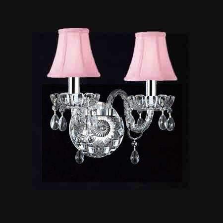 Swarovski Crystal Trimmed Wall Sconce! Murano Venetian Style Crystal Wall Sconce Lighting With Pink Shades w/Chrome Sleeves! - A46-B43/PINKSHADES/2/386SW