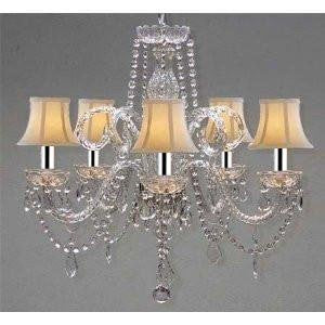 Swarovski Crystal Trimmed Chandelier! Crystal Chandelier and White Shades w/Chrome Sleeves! H25 X W24 - A46-B43/WHITESHADES/385/5SW