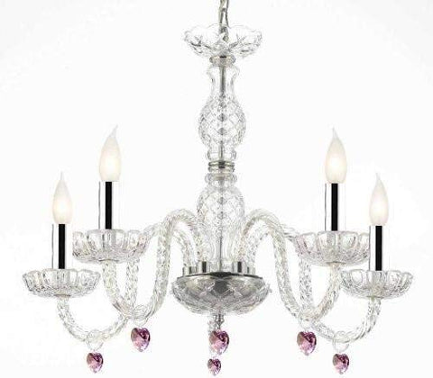 Murano Venetian Style Chandelier Lighting with Pink Crystal Hearts W/Chrome Sleeves! H 25" W 24" - Perfect for Kid's and Girls Bedroom! - G46-B43/B21/B11/384/5