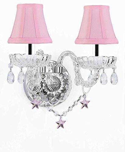 Wall Sconce Lighting with Crystal Pink Stars w/Chrome Sleeves - Perfect for Kids and Girls Bedrooms with Shades! - G46-B43/SC/B38/2/386
