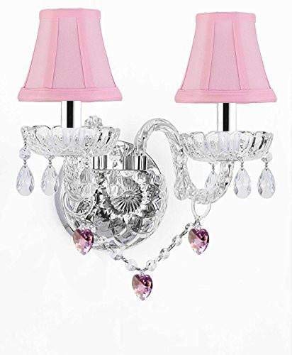 Swarovski Crystal Trimmed Wall Sconce! Wall Sconce Lighting with Crystal Pink Hearts w/Chrome Sleeves - Perfect for Kids and Girls Bedrooms with Shades! - G46-B43/PINKSHADES/B21/2/386 SW