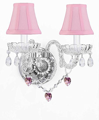 Swarovski Crystal Trimmed Chandelier Wall Sconce Lighting With Crystal Pink Hearts - Perfect For Kids And Girls Bedrooms With Shades - G46-Pinkshades/B21/2/386 Sw