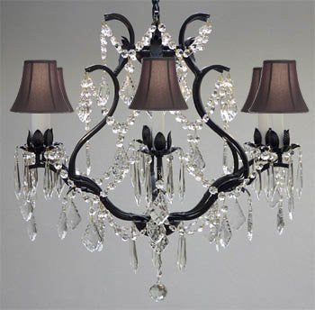 Wrought Iron Crystal Chandelier Lighting H 19" W 20" - With Black Shades - A83-Blackshades/3530/6