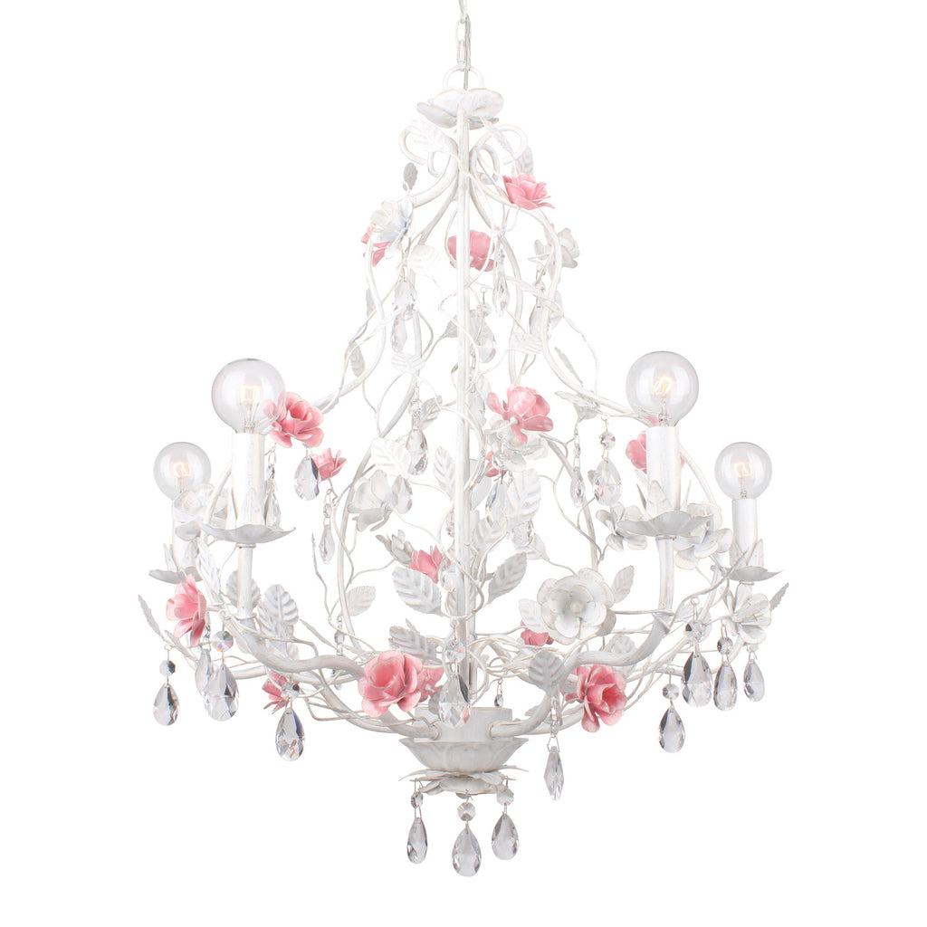 5 Light Wet White Floral Chandelier Draped In Clear Hand Cut Crystal - C193-4856-WW