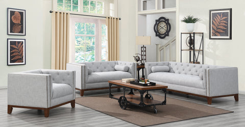 Set 3 - Celle Tuxedo Arm Tufted Sofa + Loveseat + Chair Light Grey - D300-10075