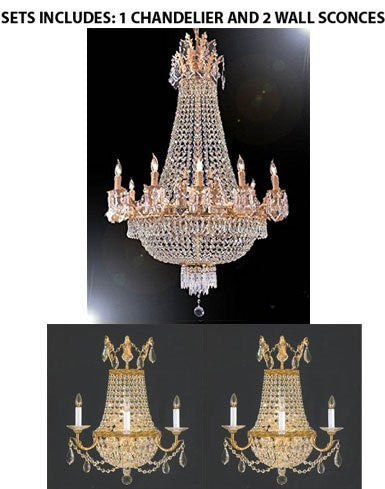 Set Of 3- French Empire Crystal Chandelier Chandeliers H40" X W30" 15 Lights And 2 Crystal Trimmed Wall Sconce Empire Crystal Wall Sconce Lighting W18" H23" D10" - 1Ea 1280/10+5 + 2Ea CG/1/8/Wallsconce