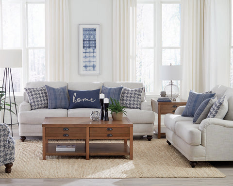 ﻿Set of 3  - Gwen Recessed Arms Sofa + Loveseat Light Grey + Accent Chair Blue - D300-10096
