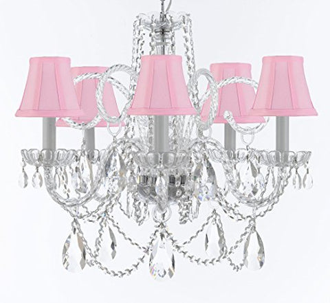 Murano Venetian Style Chandelier Crystal Lights Fixture Pendant Ceiling Lamp for Dining Room, Bedroom, Entryway , Living Room with Large, Luxe, Diamond Cut Crystals! H25" X W24" w/ Pink Shades - A46-CS/PINKSHADES/B93/B89/385/5DC
