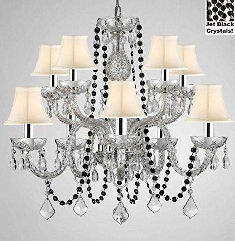 Authentic All Crystal Chandelier Chandeliers Lighting with Jet Black Crystals and White Shades! Perfect for Living Room, Dining Room, Kitchen, Kid'S Bedroom W/Chrome Sleeves! H25" W24" - G46-B43/B80/CS/WHITESHADES/1122/5+5