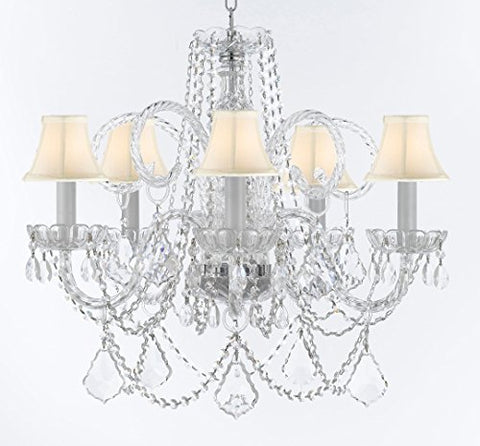 Swarovski Crystal Trimmed Murano Venetian Style Chandelier Crystal Lights Fixture Pendant Ceiling Lamp for Dining Room, Bedroom, Entryway - W/Large, Luxe Crystals! H25" X W24" w/ White Shades - A46-CS/WHITESHADES/B94/B89/385/5SW