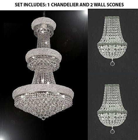 Set Of 3 - 1 French Empire Crystal Chandelier Chandeliers H50" X W30" And 2 Empire Crystal Wall Sconce Crystal Lighting W 9.5" H 18" D 5" - 1Ea-Silver/541/2 + 2Ea-Cs/4/5/Wallsconce