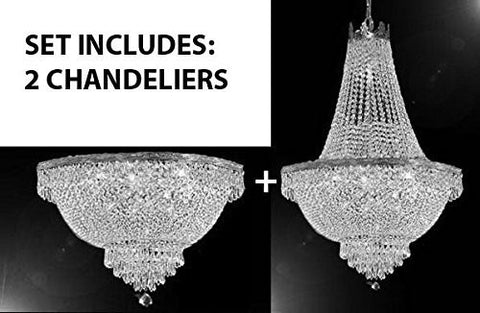 Set Of 2 - French Empire Crystal Chandelier Lighting H30" X W24" + French Empire Crystal Semi Flush Basket Chandelier Lighting H18" X W24" - 1Ea-Silver/870/9+1Ea-Flush/Silver/870/9