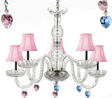 Murano Venetian Style Chandelier Lighting with Blue and Pink Crystal Hearts and Pink Shades W/Chrome Sleeves! H 25" W 24" - Perfect for Kid's and Girls BEDROOMS! - G46-B43/PINKSHADES/B85/B21/B11/384/5