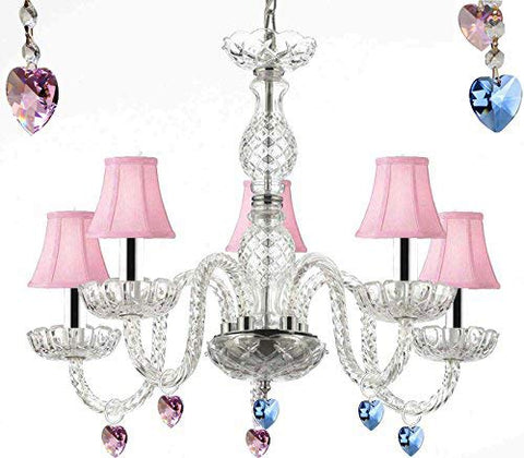 Murano Venetian Style Chandelier Lighting with Blue and Pink Crystal Hearts and Pink Shades W/Chrome Sleeves! H 25" W 24" - Perfect for Kid's and Girls BEDROOMS! - G46-B43/PINKSHADES/B85/B21/B11/384/5