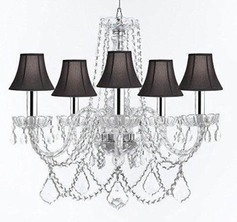 Swarovski Crystal Trimmed Murano Venetian Style Chandelier Crystal Lights Fixture Pendant Ceiling Lamp for Dining Room, Living Room w/Large, Luxe Crystals w/Chrome Sleeves! H25" X W24" w/Black Shades - A46-B43/BLACKSHADES/B94/B89/384/5SW