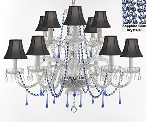 Authentic All Crystal Chandelier Chandeliers Lighting With Sapphire Blue Crystals And Black Shades Perfect For Living Room Dining Room Kitchen H32" W27" - A46-B82/Blackshades/387/6+6