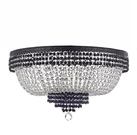 French Empire Crystal Flush Chandelier Chandeliers Lighting Trimmed With Jet Black Crystal With Dark Antique Finish H18" X W24" Good For Dining Room Foyer Entryway Family Room And More - F93-B87/Cb/Flush/870/9
