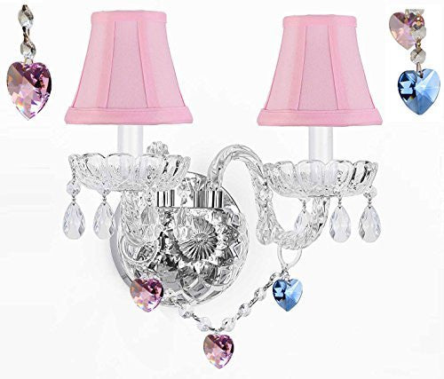 Wall Sconce Lighting With Crystal Blue And Pink Hearts - Perfect For Kids And Girls Bedrooms With Shades - G46-Pinkshades/B85/B21/2/386