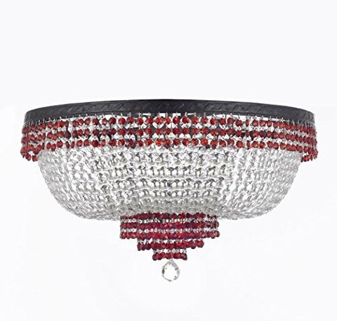 French Empire Crystal Flush Chandelier Chandeliers Lighting Trimmed with Ruby Red Crystal With Dark Antique Finish! H21" X W30" Good for Dining Room, Foyer, Entryway, Family Room and More! - F93-B75/CB/FLUSH/870/14