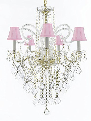 Murano Venetian Style All-Crystal Chandelier Lighting With Pink Shades H30" X W24" - G46-Sc/Pinkshade/Cg/3/385/5