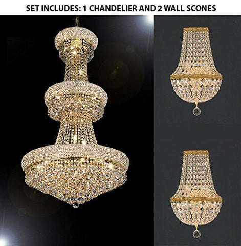Set Of 3 - 1 French Empire Crystal Chandelier Chandeliers H50" X W30" And 2 Empire Crystal Wall Sconce Crystal Lighting W 9.5" H 18" D 5" - 1Ea-541/24 + 2Ea-Wallsconce/Cg/4/5