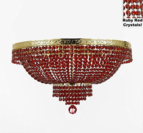 French Empire Semi Flush Crystal Chandelier Lighting - Dressed With Red Beads Color Crystals H21" X W30" - F93-B81/Flush/Cg/870/14