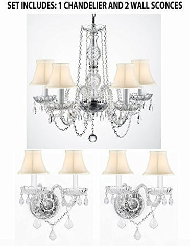 Three Piece Lighting Set - New Authentic All Crystal Murano Venetian Style Empress Crystal Chandelier And 2 Wall Sconces With White Shades - 1Ea Sc/384/5 + 2Ea 2/386Whiteshades