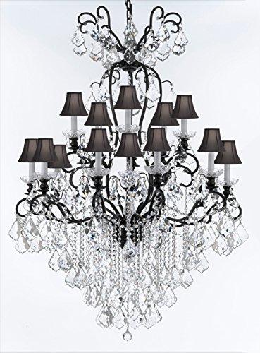 Swarovski Crystal Trimmed Wrought Iron Crystal Chandelier Lighting W38" H60" - Good for Entryway, Foyer, Living Room, Ballrooms, Catering Halls, Event Halls! w/ Black Shades - A500-BLACKSHADES/B12/556/16SW