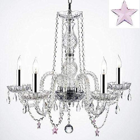 Authentic Empress Crystal(TM) Chandelier Lighting Chandeliers with Crystal Stars w/Chrome Sleeves! H25" X W24" - Nursery, Kids, Girls Bedrooms, Kitchen, Etc! - G46-B43/B38/384/5