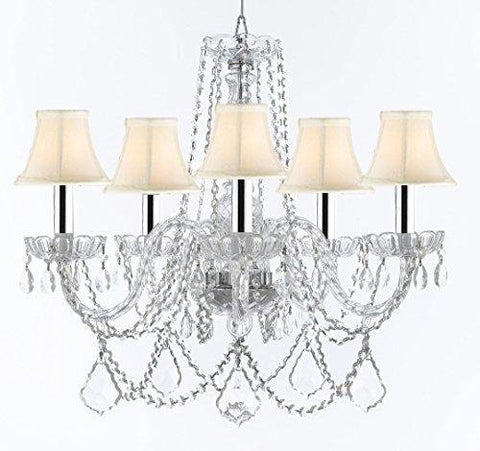 Swarovski Crystal Trimmed Murano Venetian Style Chandelier Crystal Lights Fixture Pendant Ceiling Lamp for Dining Room, Living Room w/Large, Luxe Crystals w/Chrome Sleeves! H25" X W24" w/White Shades - A46-B43/WHITESHADES/B94/B89/384/5SW