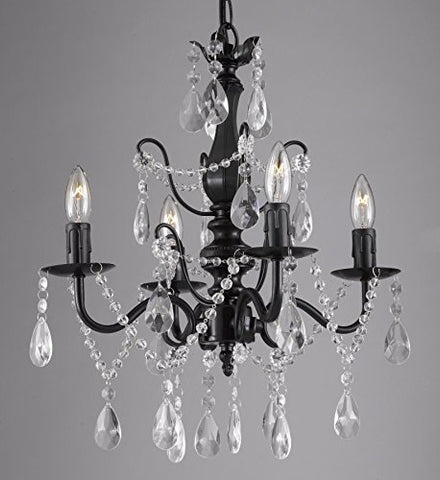 Wrought Iron and Crystal 4 Light Black Chandelier H 14" X W 15" Pendant Fixture Lighting Ceiling Lamp Hardwire and Plug In - J10-SCL-01490CB
