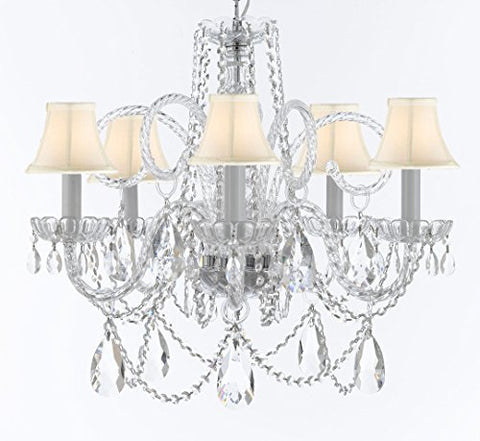 Swarovski Crystal Trimmed Murano Venetian Style Chandelier Crystal Lights Fixture Pendant Ceiling Lamp for Dining Room, Bedroom, Entryway - W/Large, Luxe Crystals! H25" X W24" w/ White Shades - A46-WHITESHADES/B93/B89/385/5SW