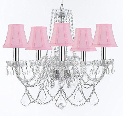 Murano Venetian Style Chandelier Crystal Lights Fixture Pendant Ceiling Lamp for Dining Room, Bedroom, Living Room with Large, Luxe, Diamond Cut Crystals w/Chrome Sleeves! H25" X W24" w/Pink Shades - A46-B43/PINKSHADES/B94/B89/384/5DC