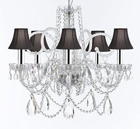 Swarovski Crystal Trimmed Murano Venetian Style Chandelier Crystal Lights Fixture Pendant Ceiling Lamp for Dining Room - W/Large, Luxe Crystals w/Chrome Sleeves! H25" X W24" w/Black Shades - A46-B43/BLACKSHADES/B93/B89/385/5SW
