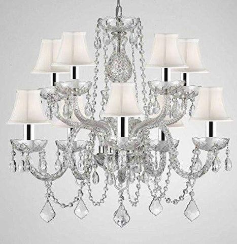 Crystal Chandelier Chandeliers Lighting with White Shades w/Chrome Sleeves H 25" X W 24" - G46-B43/WHITESHADES/CS/1122/5+5