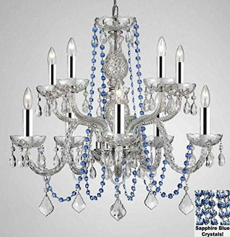 AUTHENTIC ALL CRYSTAL CHANDELIER CHANDELIERS LIGHTING WITH SAPPHIRE BLUE CRYSTALS! PERFECT FOR LIVING ROOM, DINING ROOM, KITCHEN, KIDS BEDROOM W/CHROME SLEEVES! H25" W24" - G46-B43/B82/CS/1122/5+5