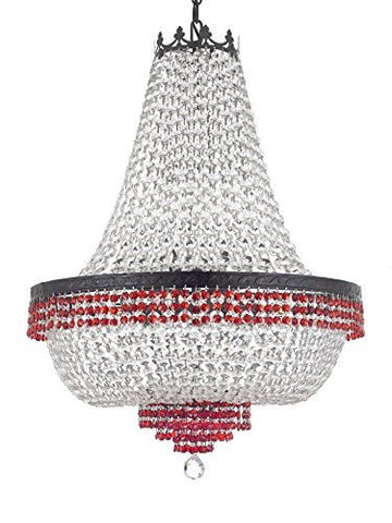 French Empire Crystal Chandelier Chandeliers Lighting Trimmed With Ruby Red Crystal With Dark Antique Finish H30" X W24" Good For Dining Room Foyer Entryway Family Room And More - F93-B75/Cb/870/9