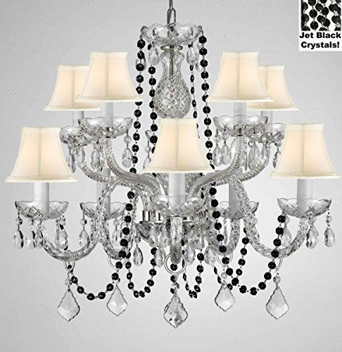 Authentic All Crystal Chandelier Chandeliers Lighting With Jet Black Crystals And White Shades Perfect For Living Room Dining Room Kitchen Kid'S Bedroom H25" W24" - G46-B80/Cs/Whiteshades/1122/5+5