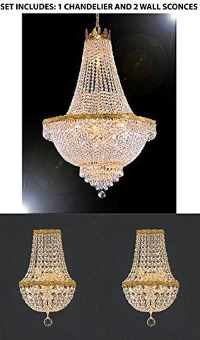 Set Of 3 - 1 French Empire Crystal Chandelier Lighting H30" X W24" And 2 Empire Crystal Wall Sconce Crystal Lighting W 9.5" H 18" D 5" - 1Ea-870/9 + 2Ea-Wallsconce/Cg/4/5