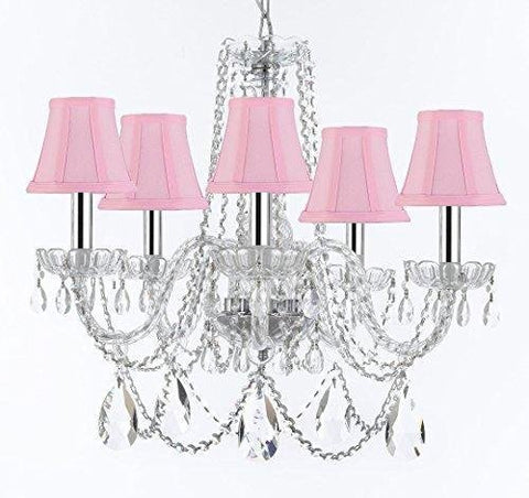 Swarovski Crystal Trimmed Murano Venetian Style Chandelier Crystal Lights Fixture Pendant Ceiling Lamp for Dining Room, Living Room w/Large, Luxe Crystals w/Chrome Sleeves! H25" X W24" w/Pink Shades - A46-B43/PINKSHADES/B93/B89/384/5SW
