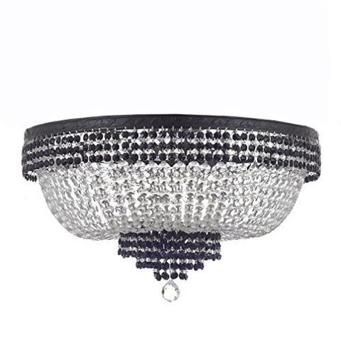 French Empire Crystal Flush Chandelier Chandeliers Lighting Trimmed with Jet Black Crystal With Dark Antique Finish! H21" X W30" Good for Dining Room, Foyer, Entryway, Family Room and More! - F93-B87/CB/FLUSH/870/14