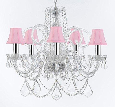 Swarovski Crystal Trimmed Murano Venetian Style Chandelier Crystal Lights Fixture Pendant Ceiling Lamp for Dining Room - W/Large, Luxe Crystals w/Chrome Sleeves! H25" X W24" w/Pink Shades - A46-B43/CS/PINKSHADES/B94/B89/385/5SW